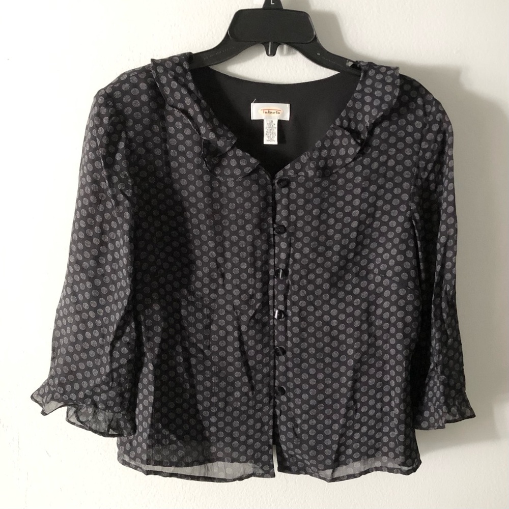 Vintage Talbots Rayon Black Dot Print Ruffled Button-Front Blouse